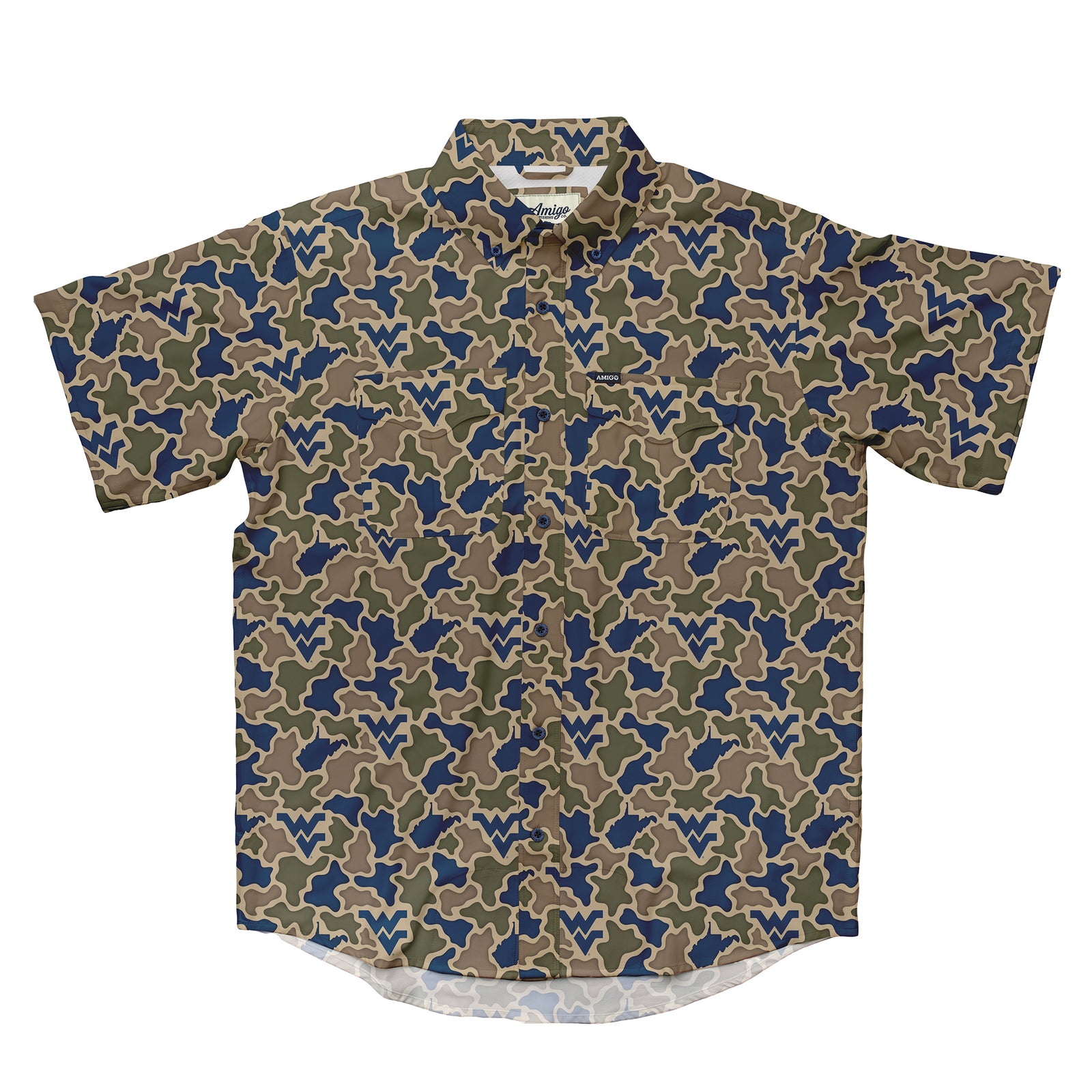 West Virginia Mountaineers Licensed Camo Primero Short Sleeve Button Up Field and Fish Shirt