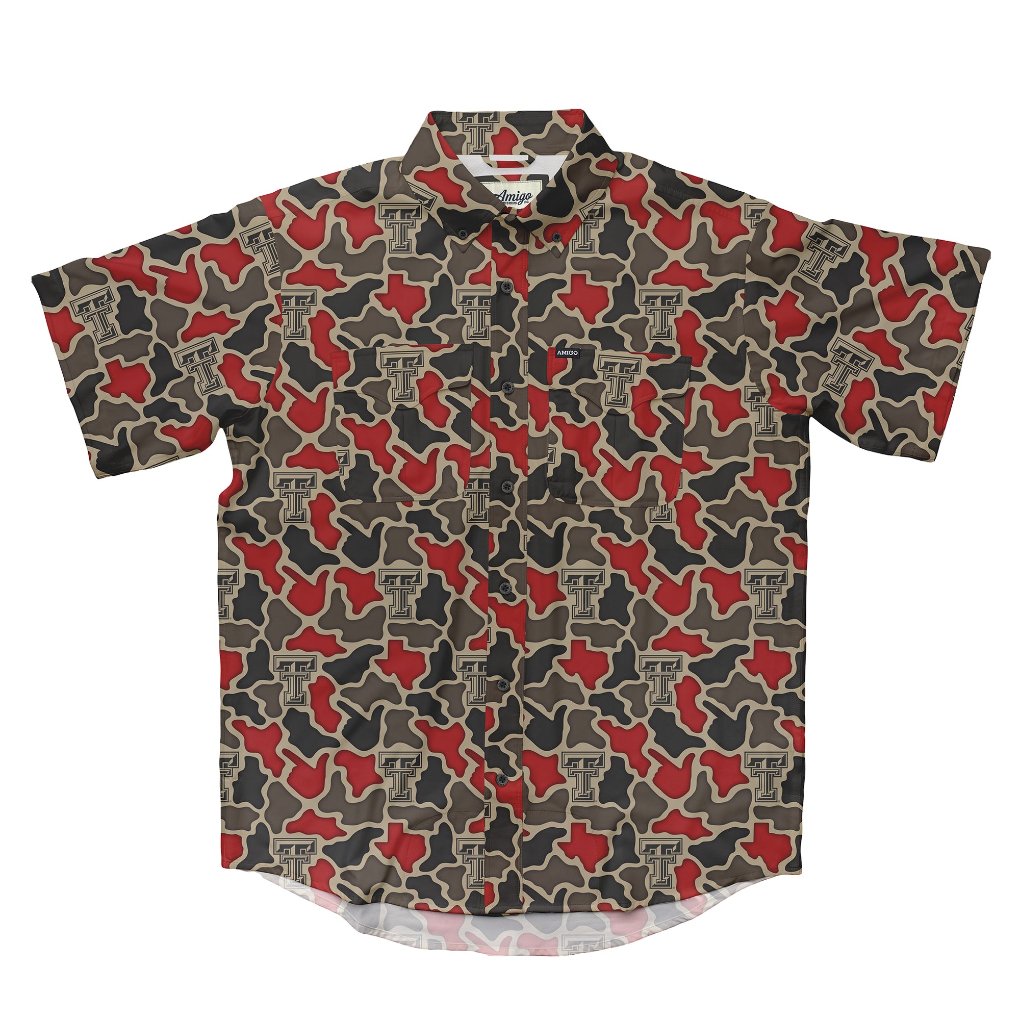 Texas Tech Red Raiders Licensed Camo Primero Short Sleeve Button Up Field and Fish Shirt