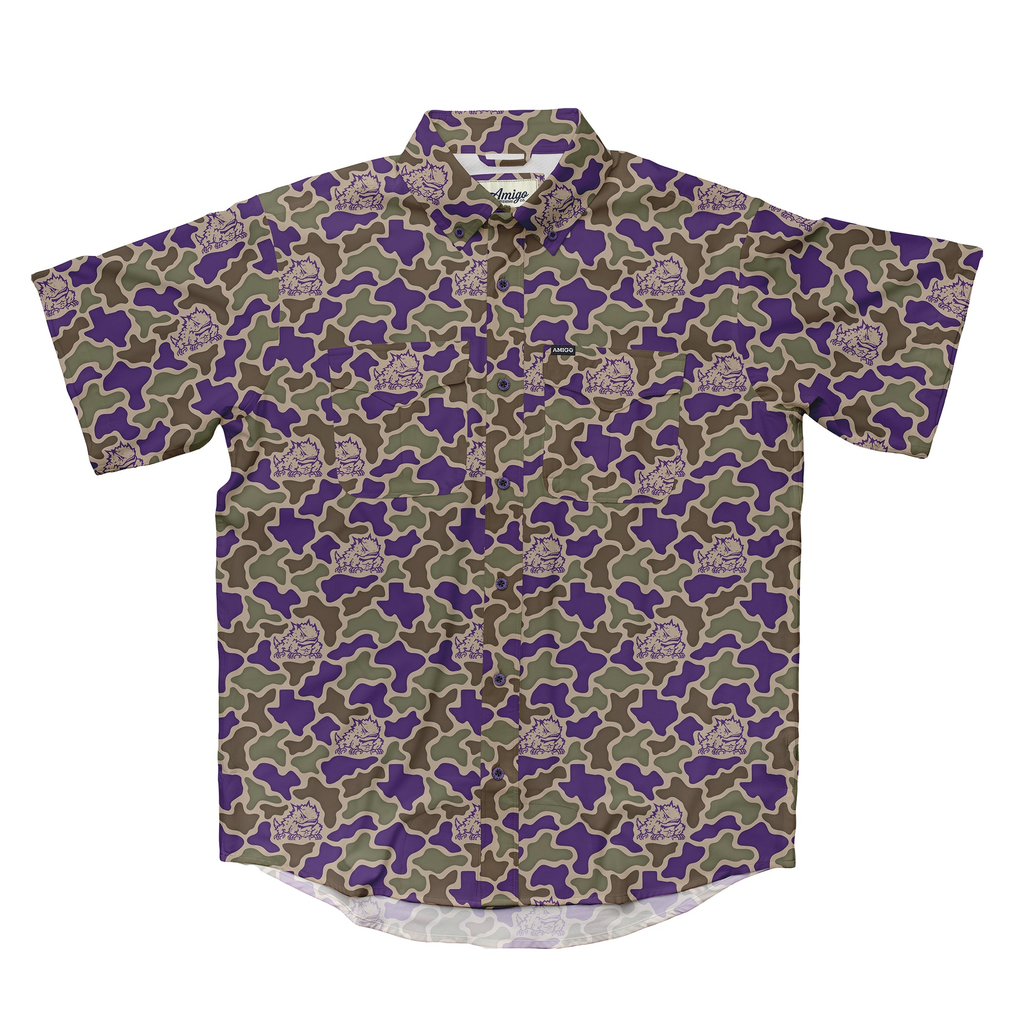 TCU Horned Frogs Licensed Camo Primero Short Sleeve Button Up Field and Fish Shirt
