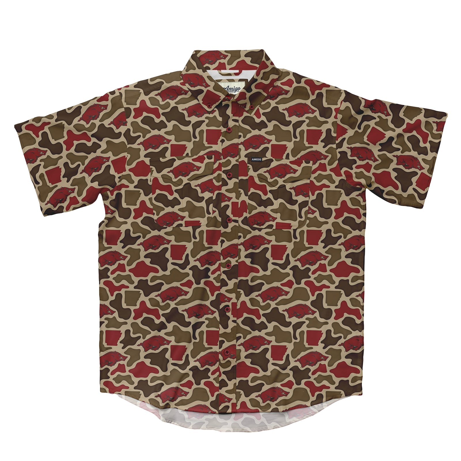 Arkansas Razorbacks Licensed Camo Primero Short Sleeve Button Up Field and Fish Shirt