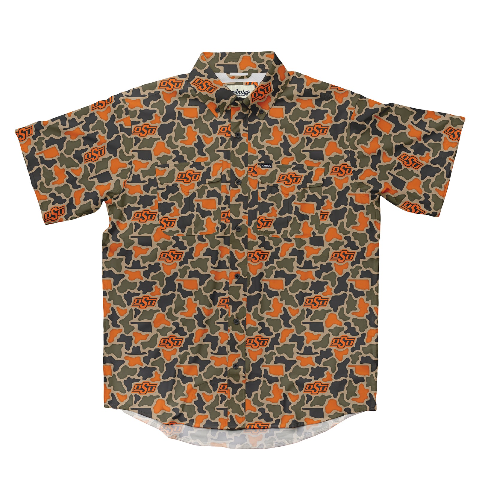 Oklahoma State Cowboys Licensed Camo Primero Short Sleeve Button Up Field and Fish Shirt