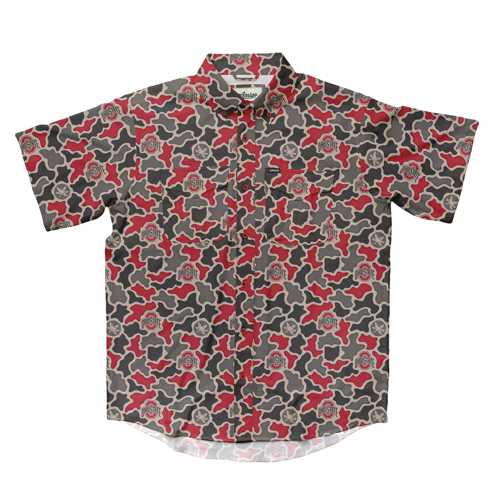 Ohio State Buckeyes Licensed Camo Primero Short Sleeve Button Up Field and Fish Shirt