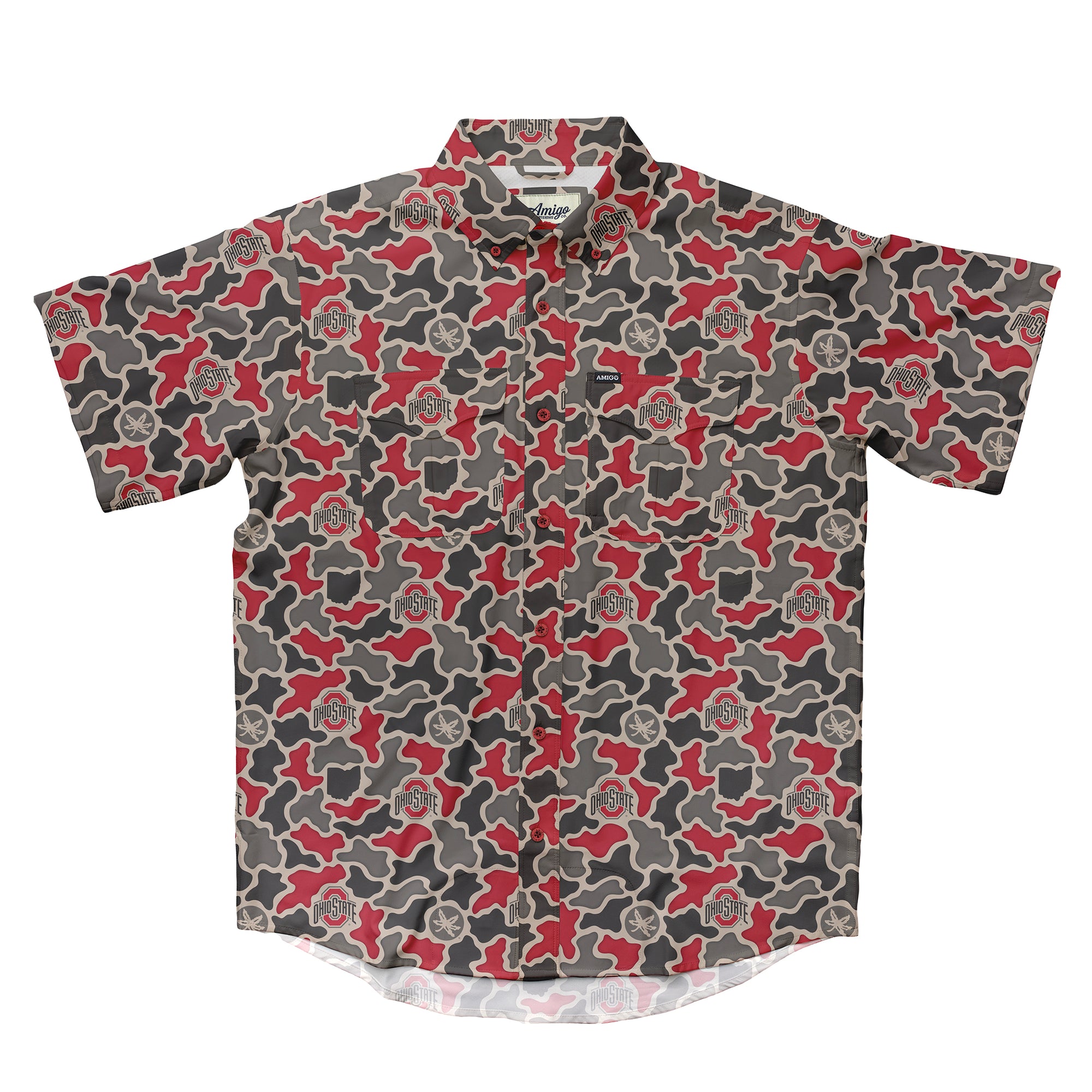 Ohio State Buckeyes Licensed Camo Primero Short Sleeve Button Up Field and Fish Shirt