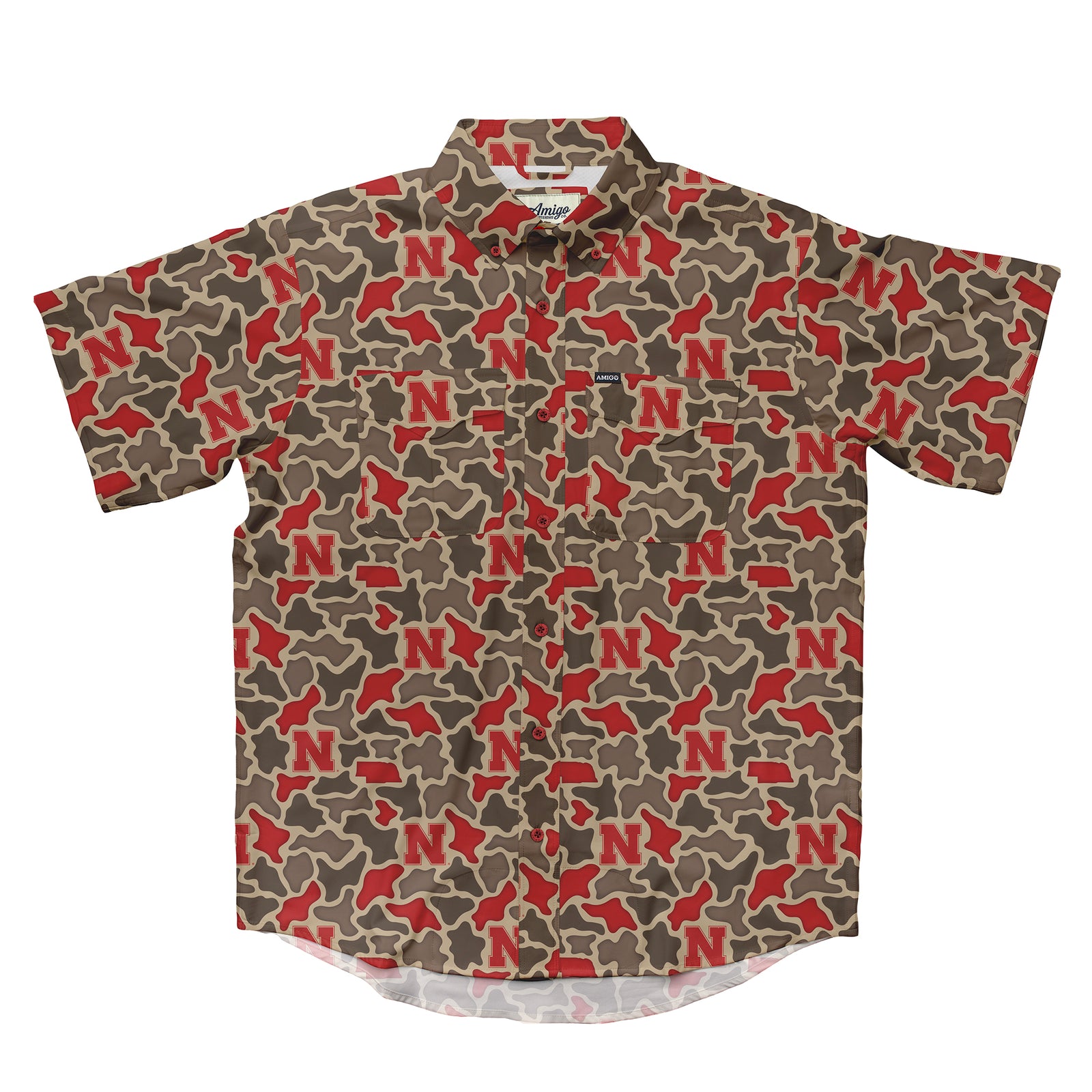 Nebraska Cornhuskers Licensed Camo Primero Short Sleeve Button Up Field and Fish Shirt