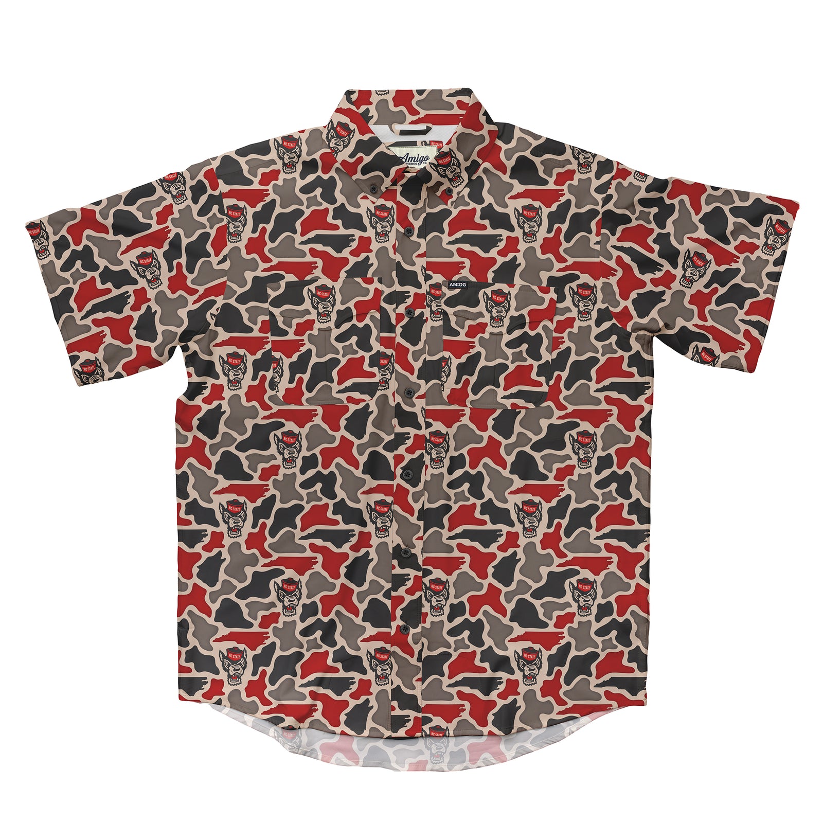 NC State Wolfpack Licensed Camo Primero Short Sleeve Button Up Field and Fish Shirt