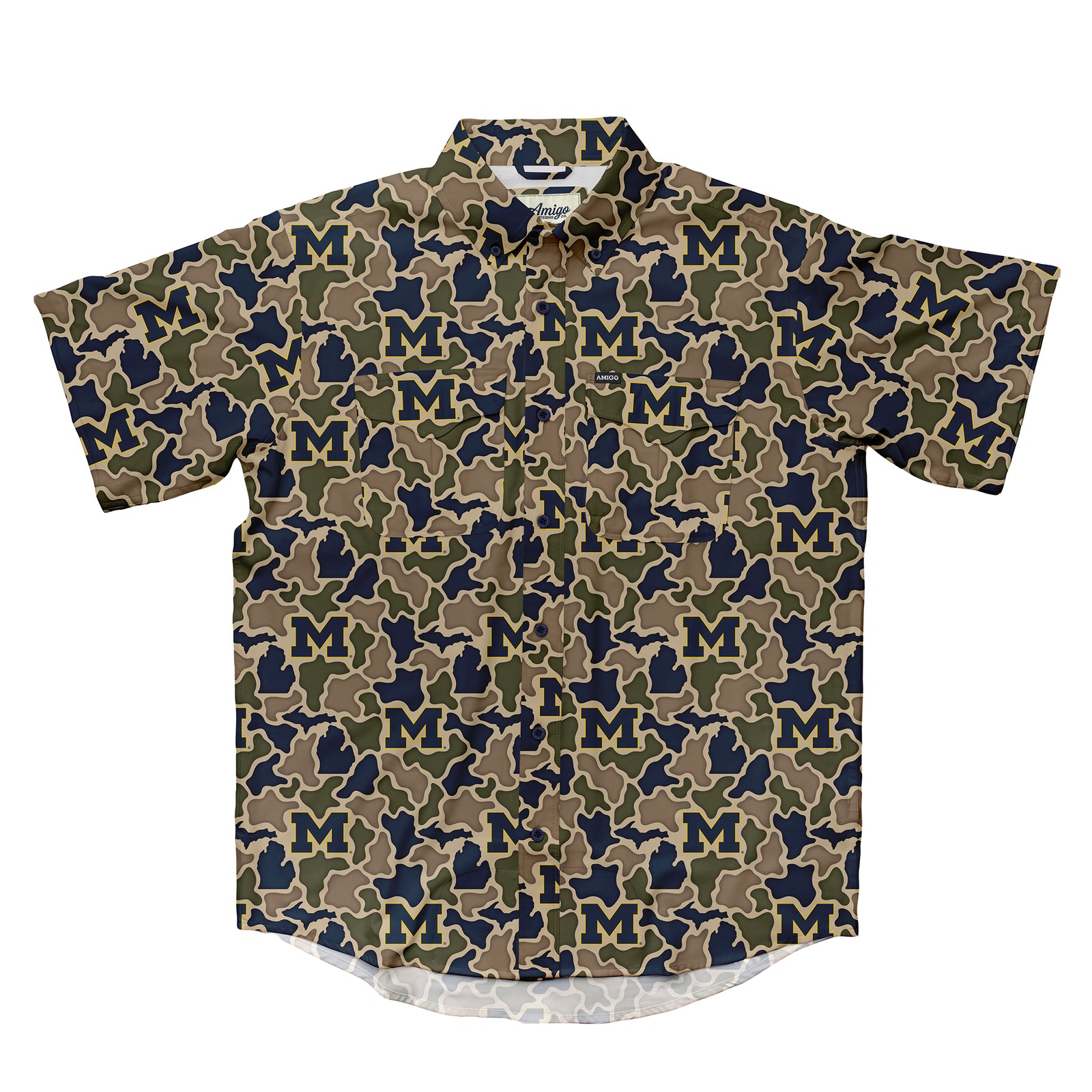 Michigan Wolverines Licensed Camo Primero Short Sleeve Button Up Field and Fish Shirt