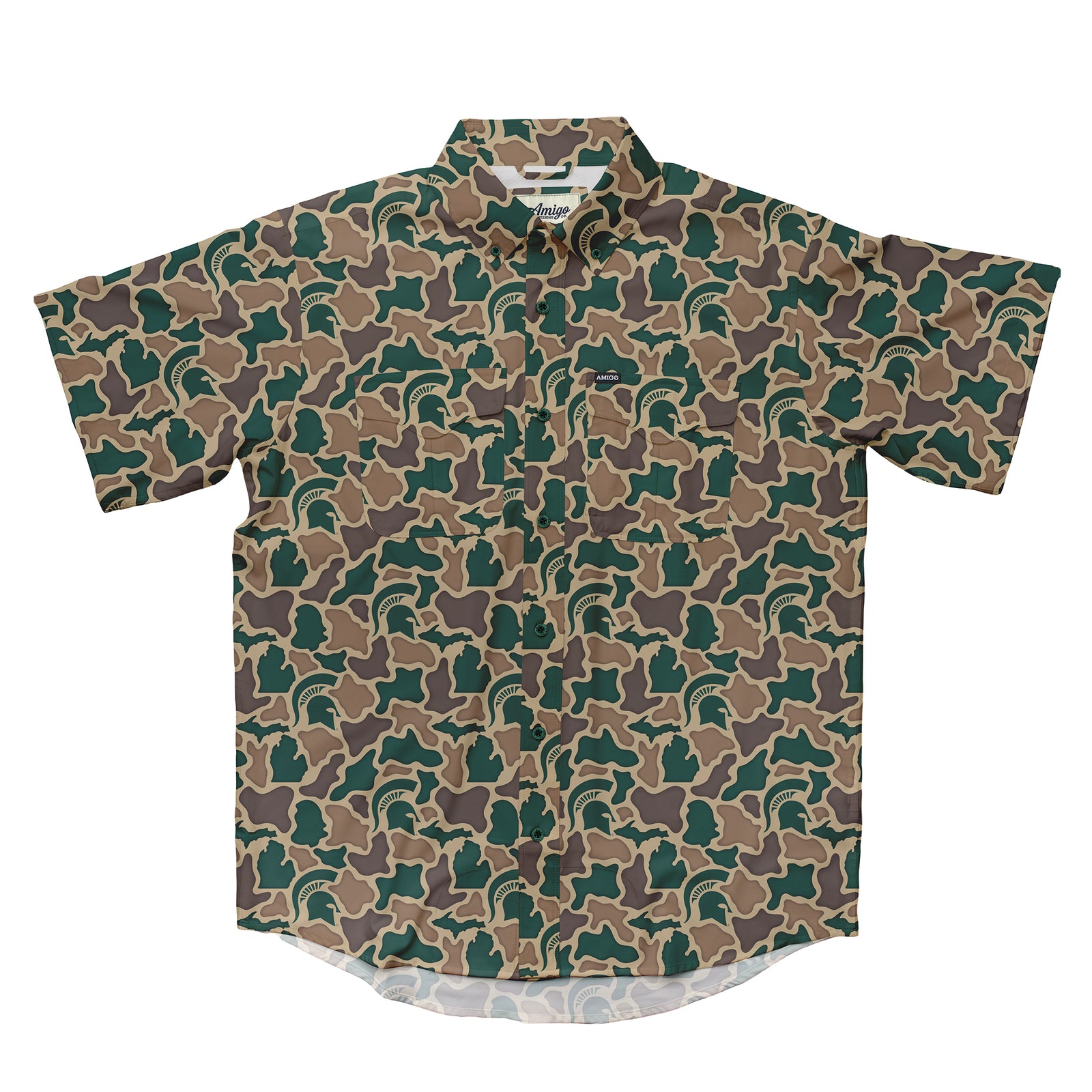 Michigan State Spartans Licensed Camo Primero Short Sleeve Button Up Field and Fish Shirt