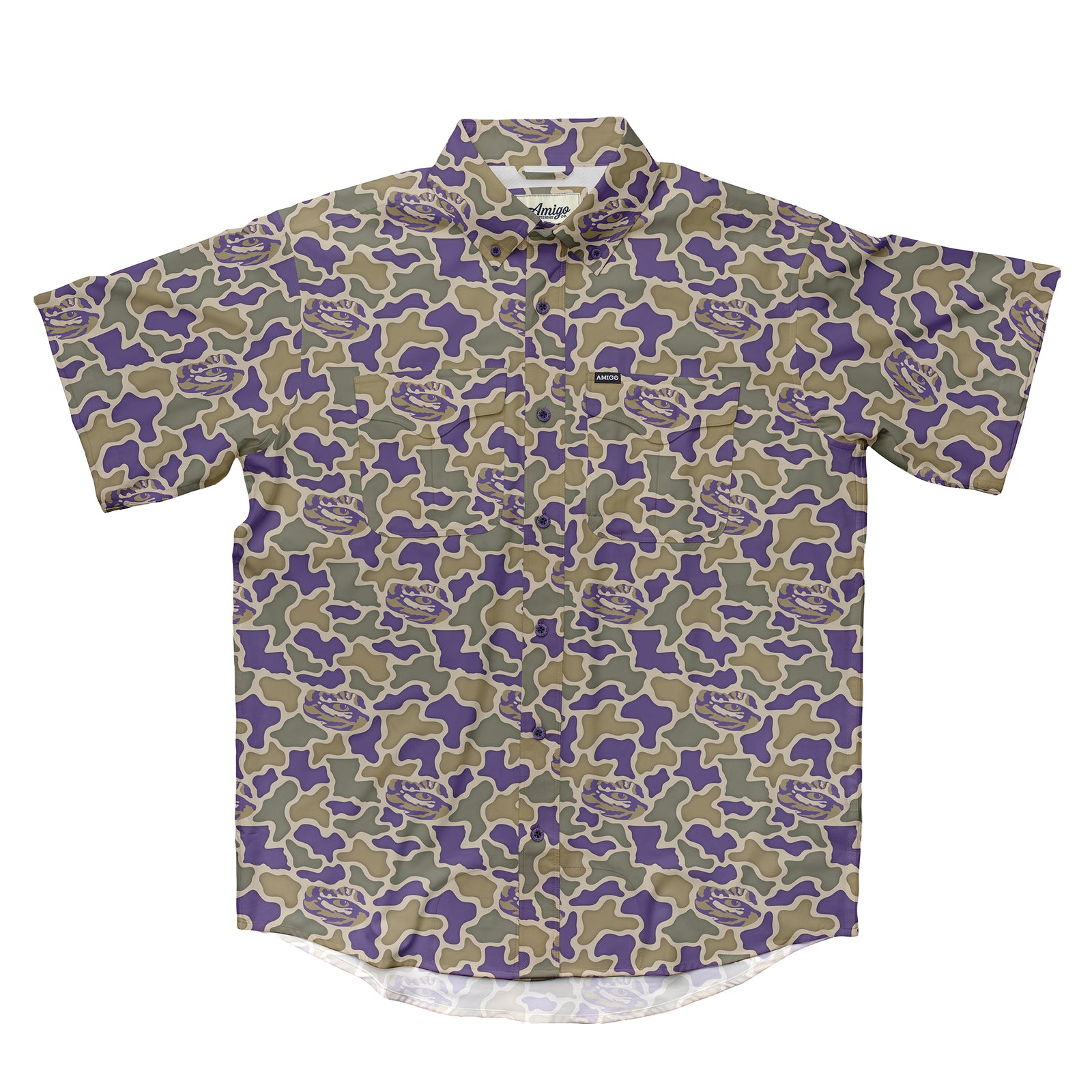 LSU Tigers Licensed Camo Primero Short Sleeve Button Up Field and Fish Shirt