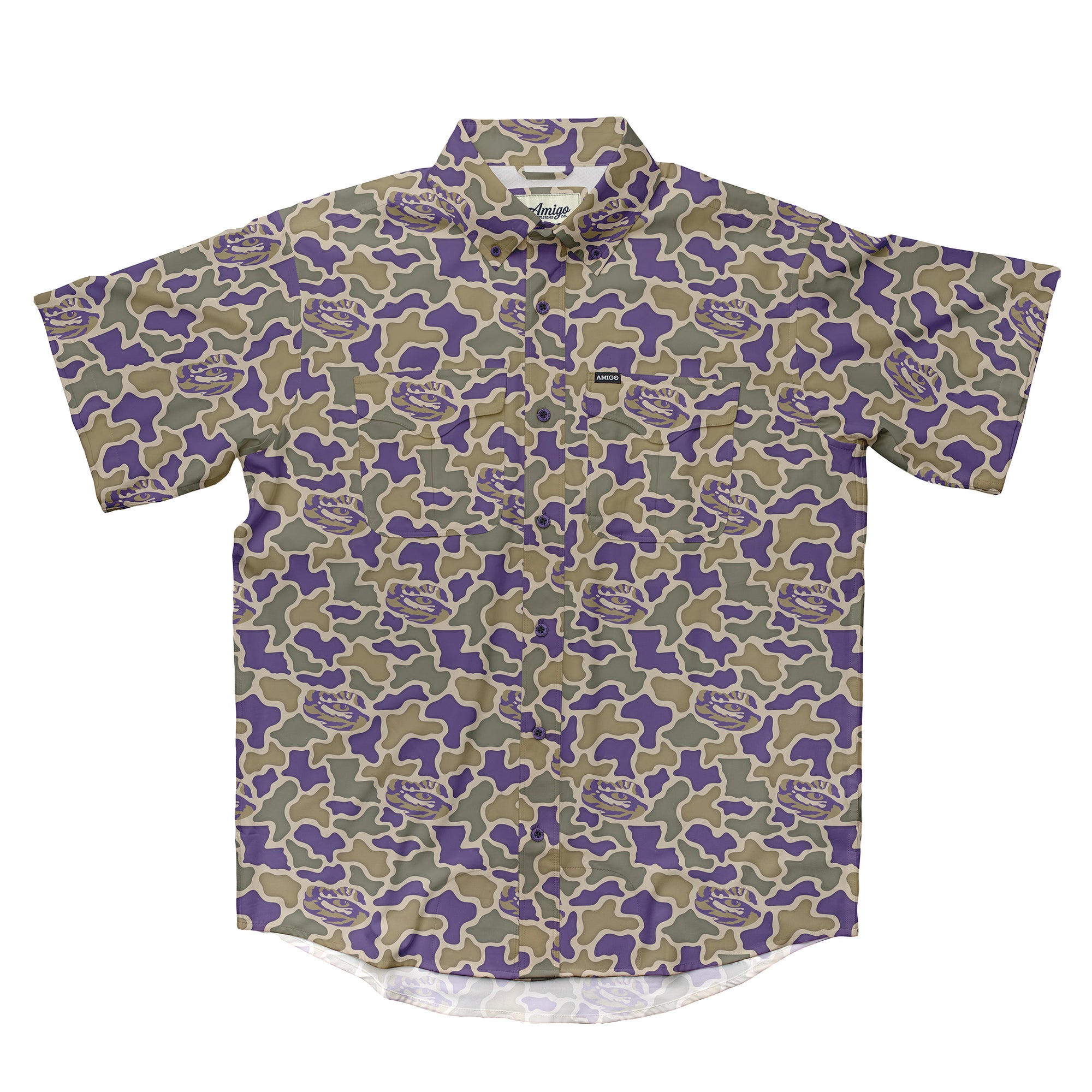 LSU Tigers Licensed Camo Primero Short Sleeve Button Up Field and Fish Shirt