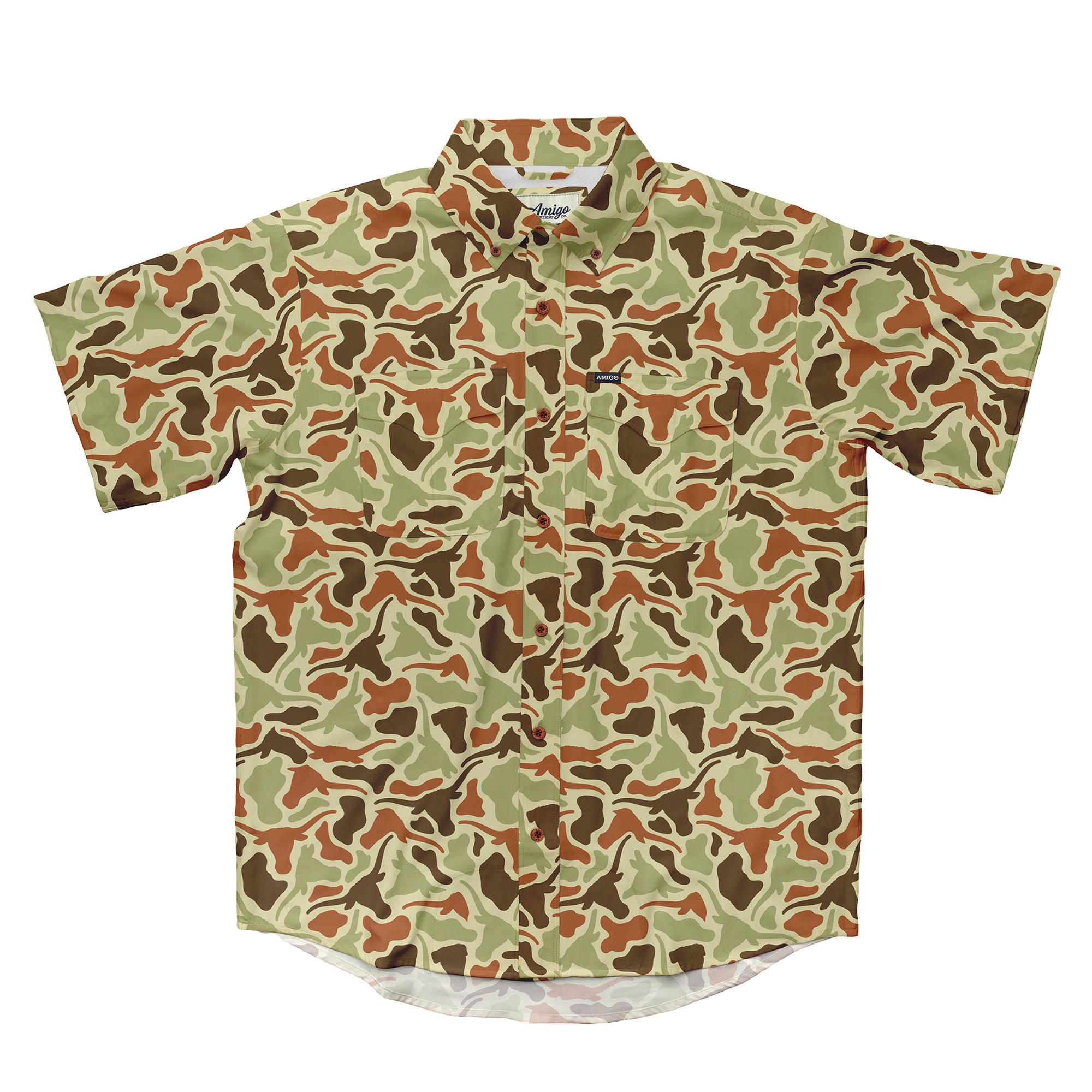 Texas Longhorns Licensed Camo Primero Short Sleeve Button Up Field and Fish Shirt