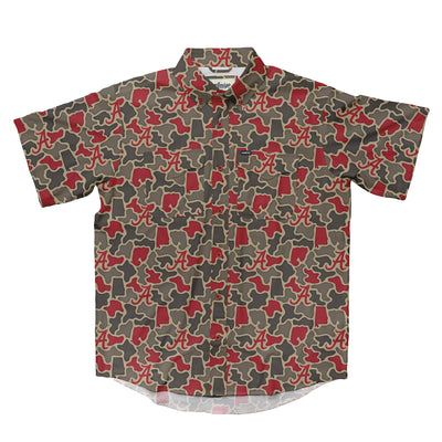 Alabama Crimson Tide Licensed Camo Primero Short Sleeve Button Up Field and Fish Shirt