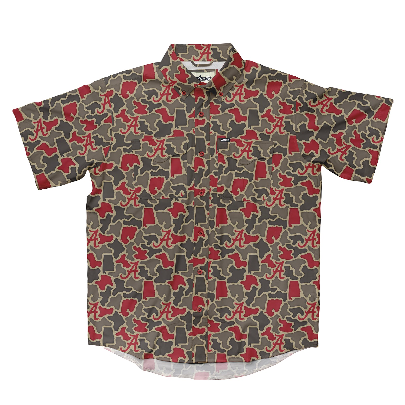 Alabama Crimson Tide Licensed Camo Primero Short Sleeve Button Up Field and Fish Shirt