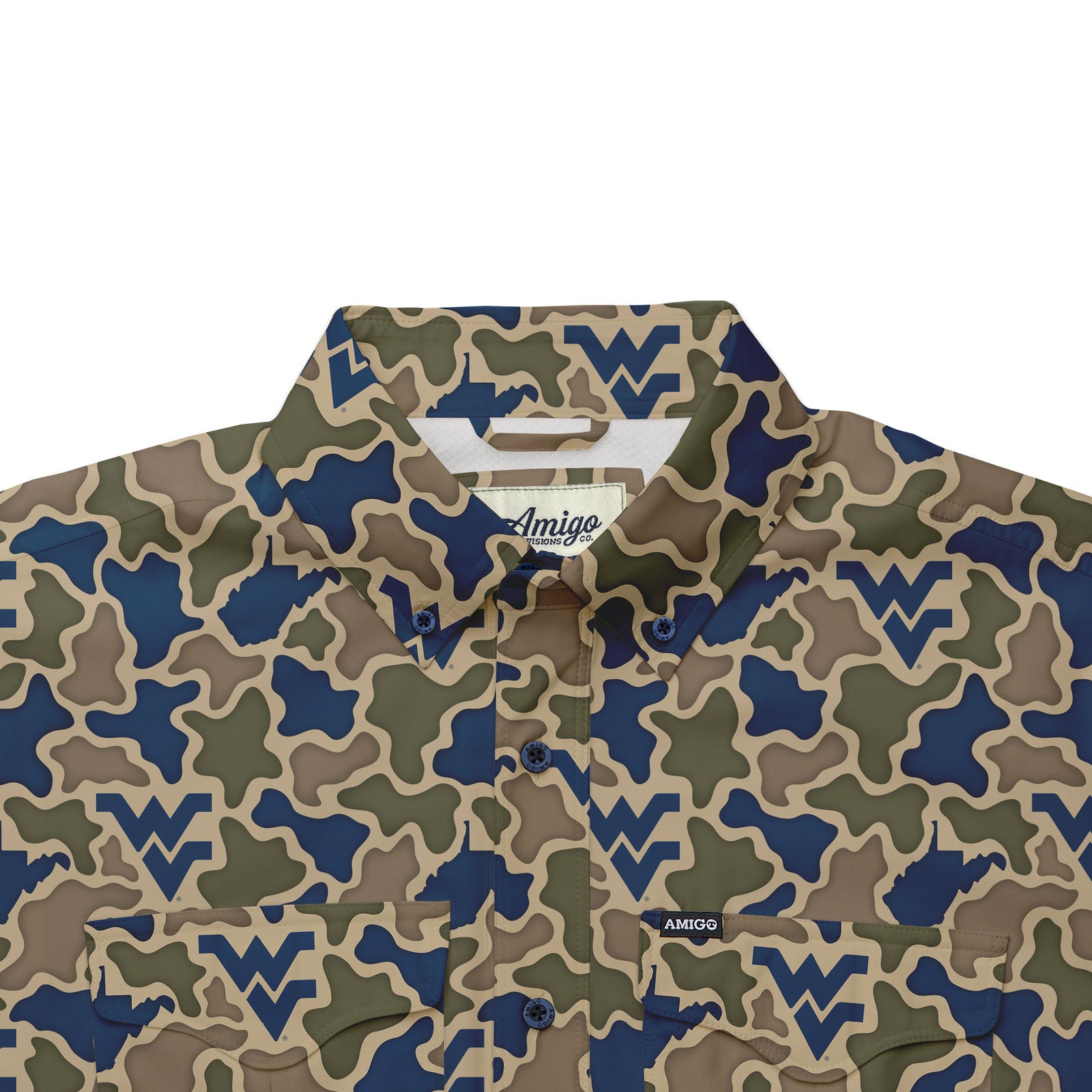West Virginia Mountaineers Licensed Camo Primero Short Sleeve Button Up Field and Fish Shirt