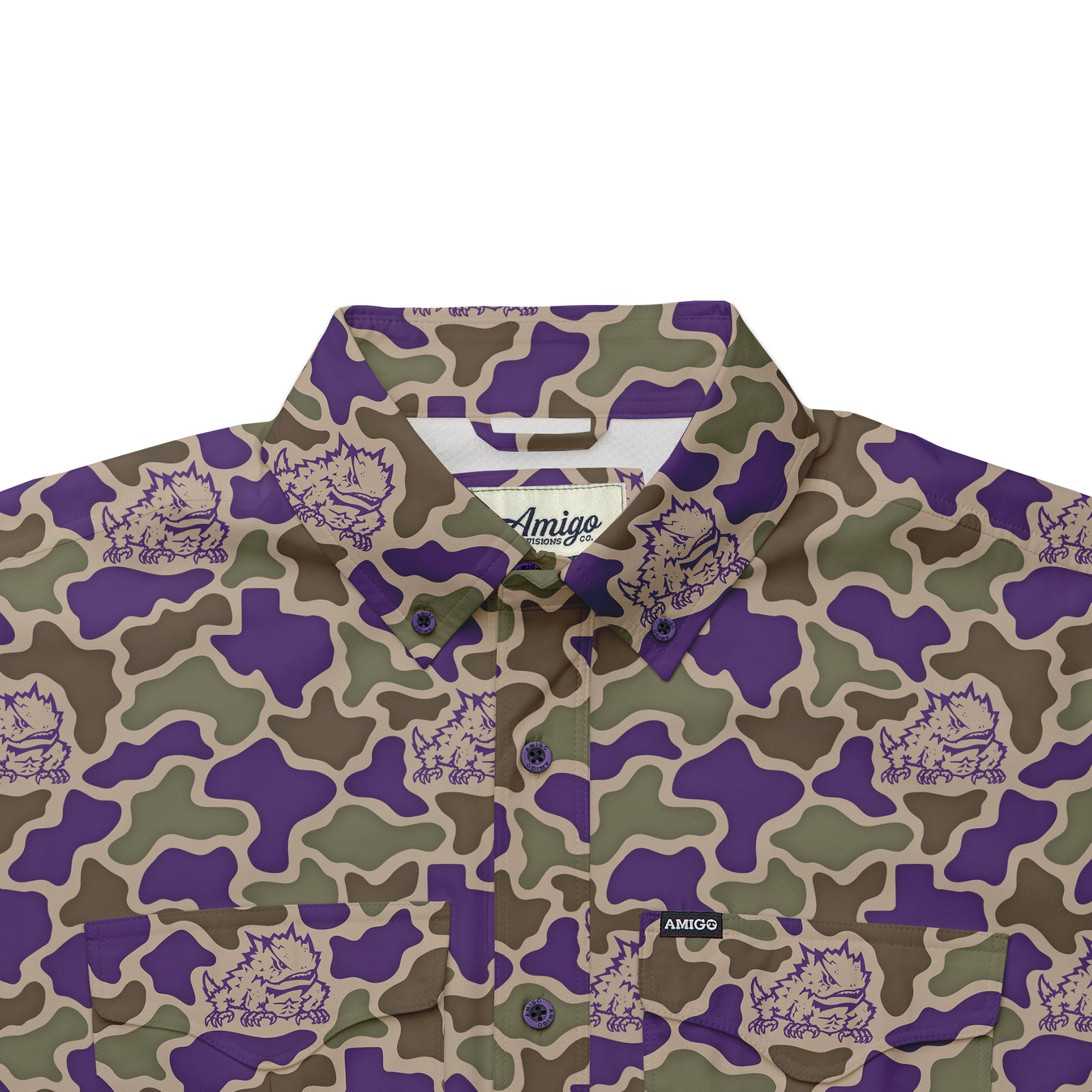 TCU Horned Frogs Licensed Camo Primero Short Sleeve Button Up Field and Fish Shirt