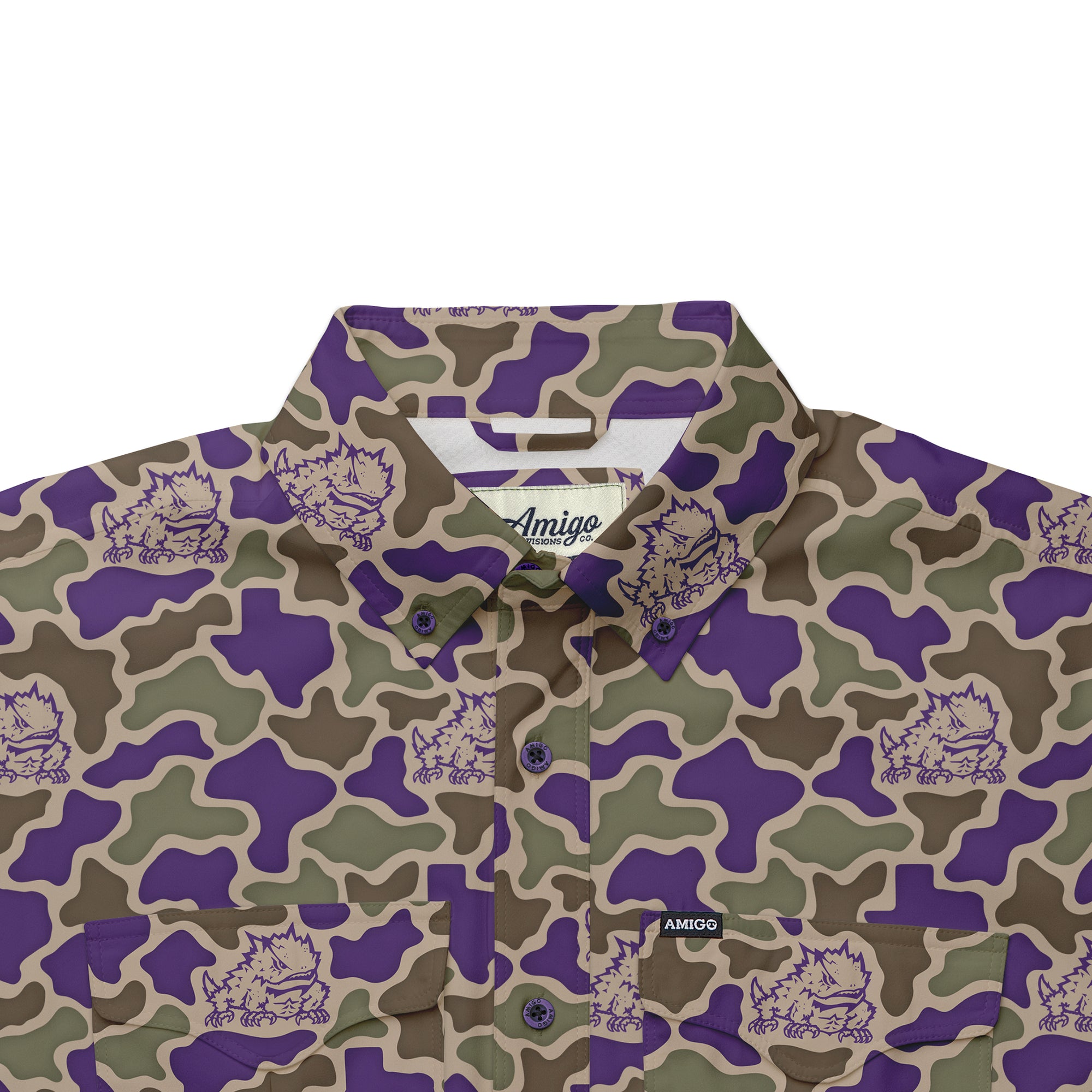 TCU Horned Frogs Licensed Camo Primero Short Sleeve Button Up Field and Fish Shirt