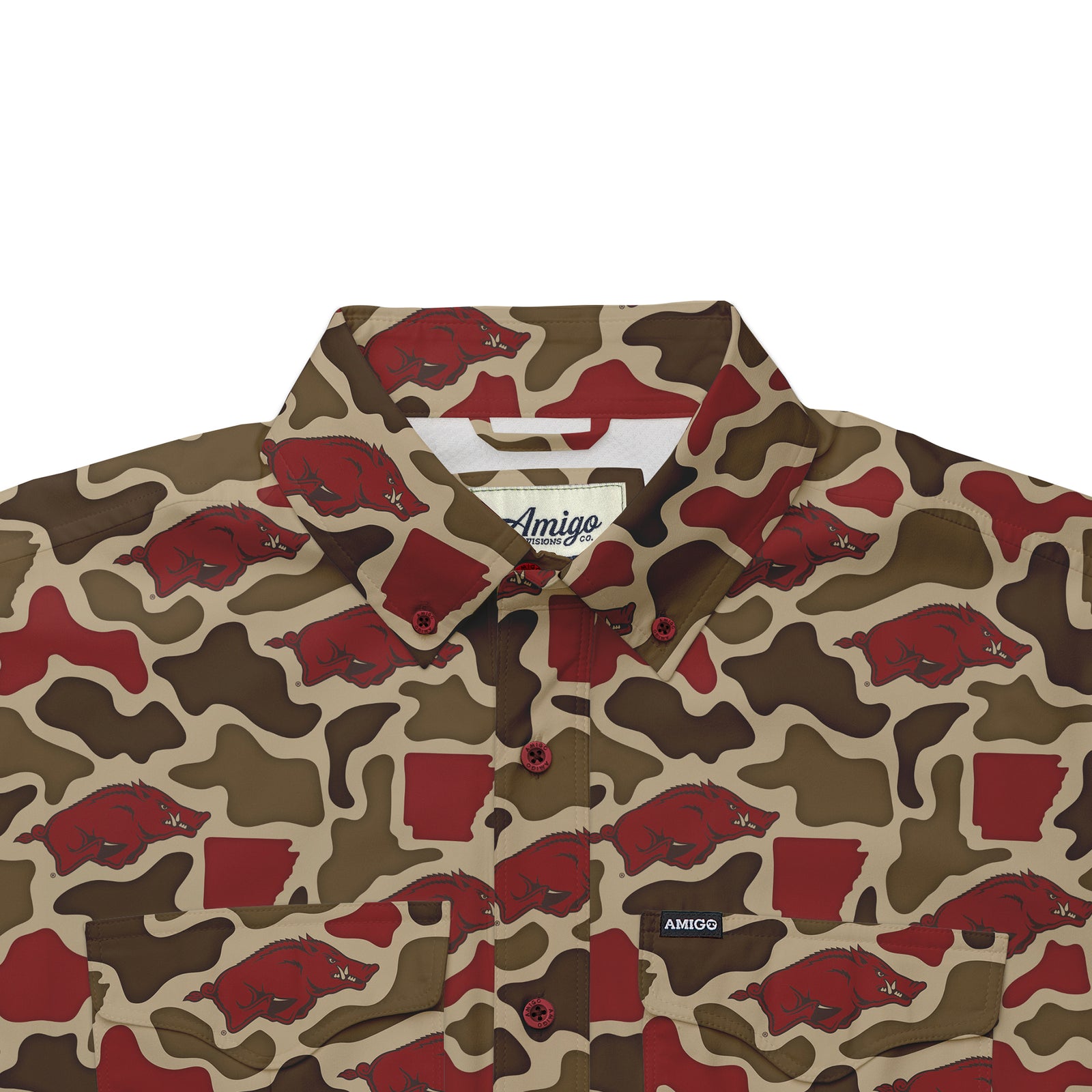Arkansas Razorbacks Licensed Camo Primero Short Sleeve Button Up Field and Fish Shirt