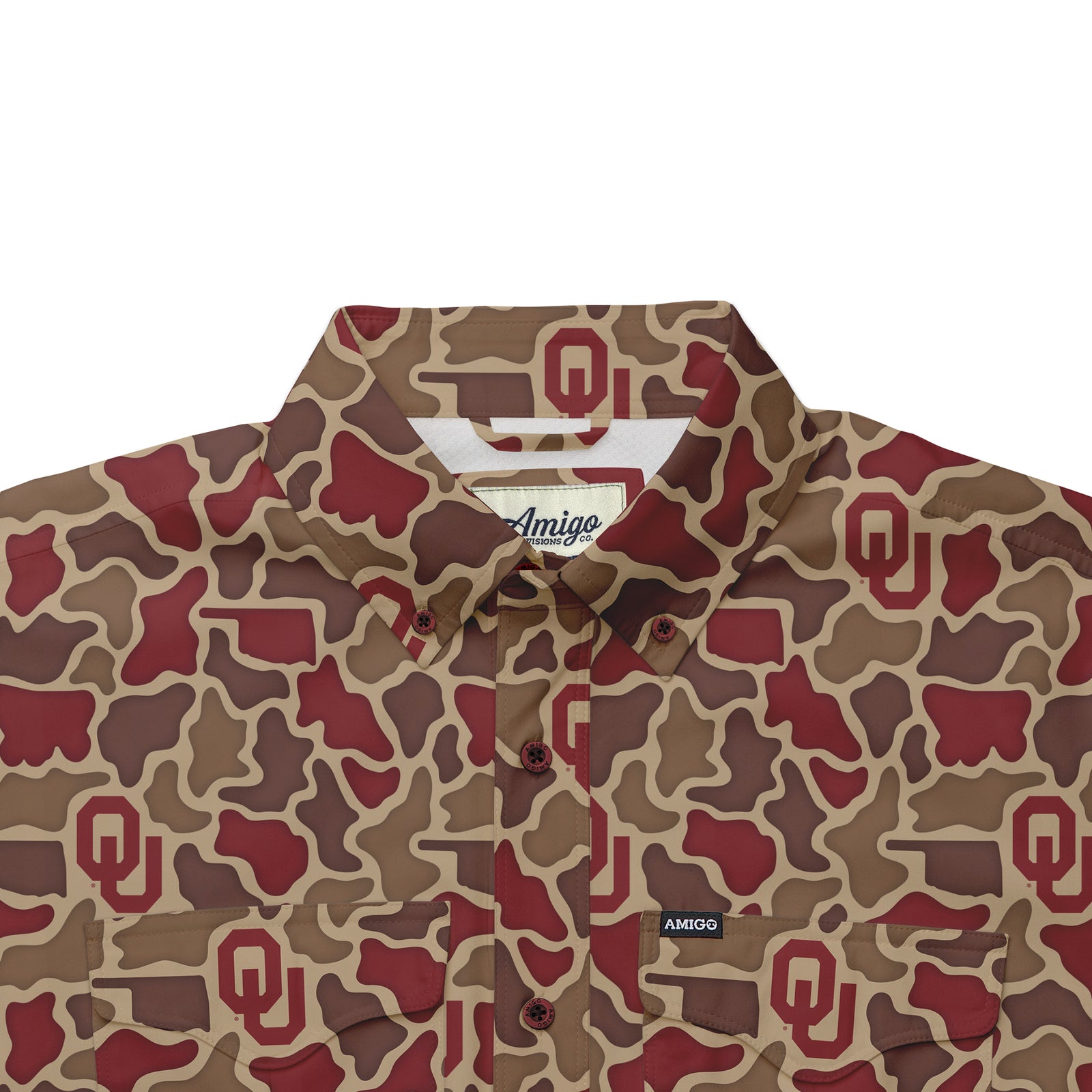 Oklahoma Sooners Licensed Camo Primero Short Sleeve Button Up Field and Fish Shirt