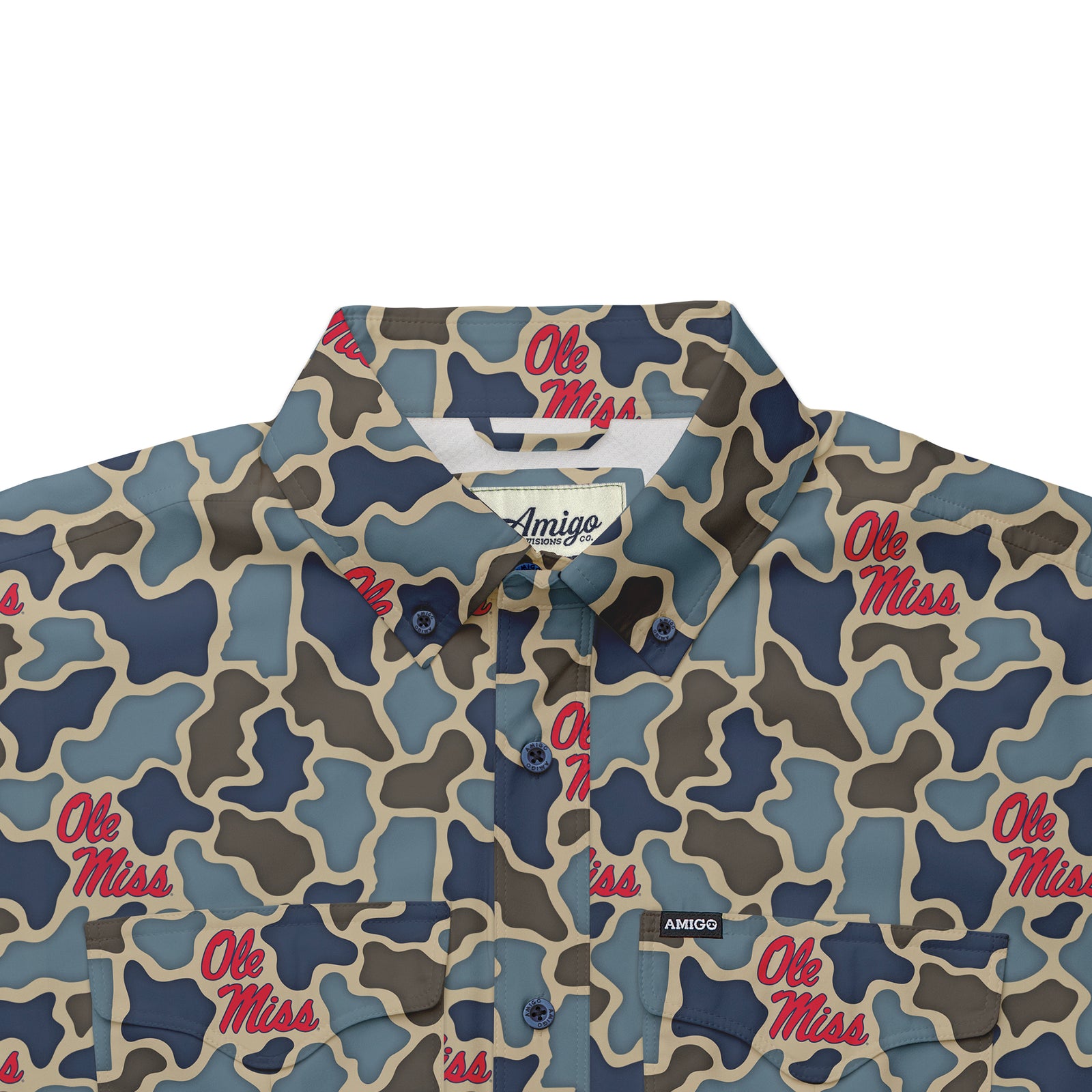 Ole Miss Rebels Licensed Camo Primero Short Sleeve Button Up Field and Fish Shirt