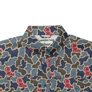 Ole Miss Rebels Licensed Camo Primero Short Sleeve Button Up Field and Fish Shirt