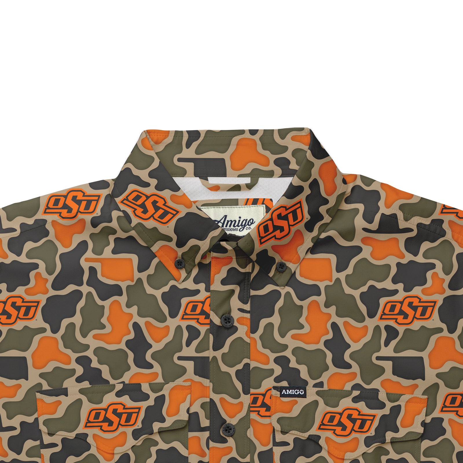 Oklahoma State Cowboys Licensed Camo Primero Short Sleeve Button Up Field and Fish Shirt