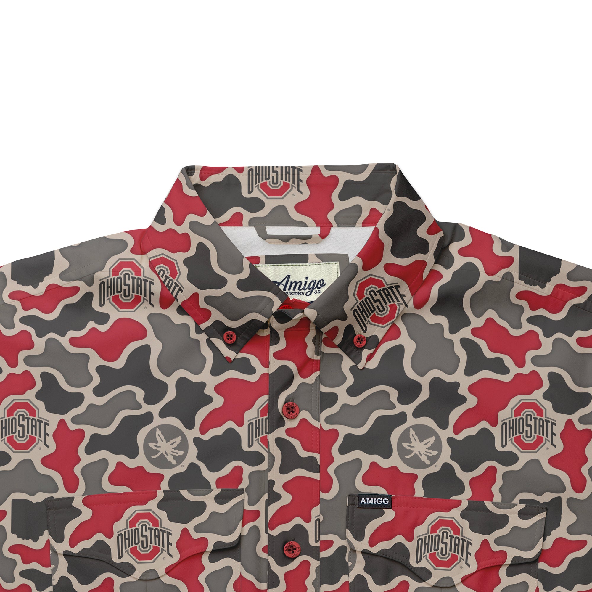 Ohio State Buckeyes Licensed Camo Primero Short Sleeve Button Up Field and Fish Shirt