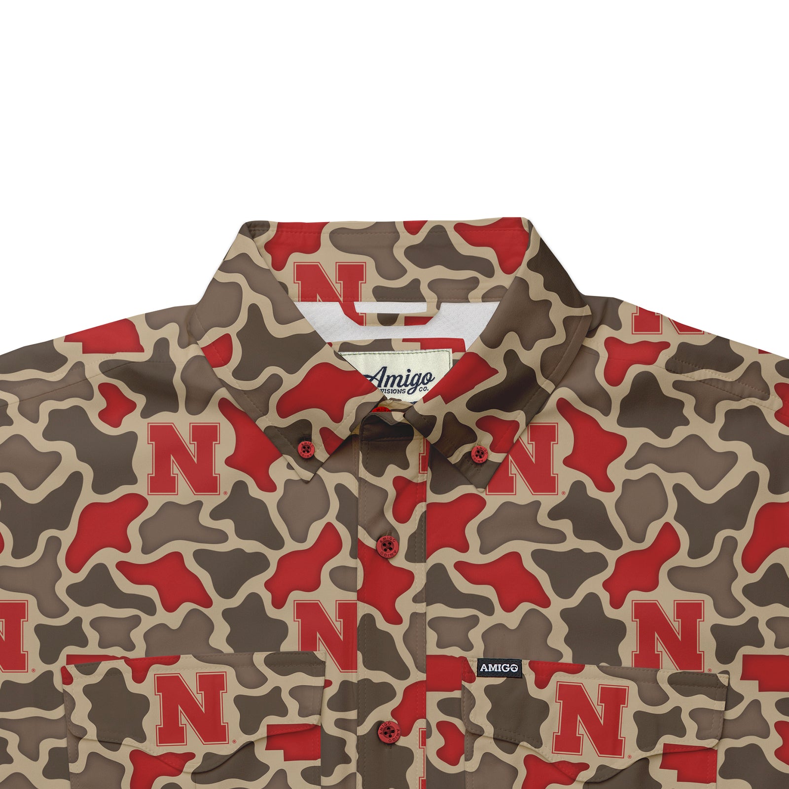 Nebraska Cornhuskers Licensed Camo Primero Short Sleeve Button Up Field and Fish Shirt
