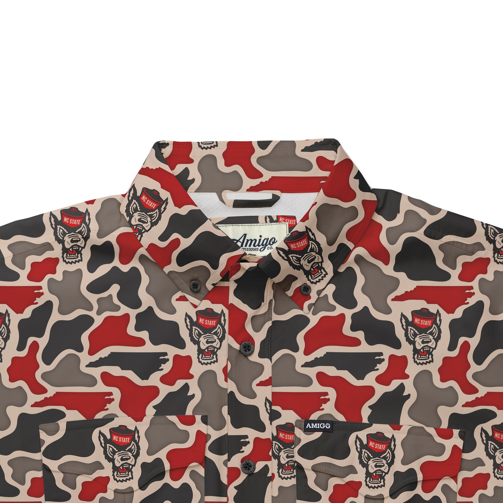 NC State Wolfpack Licensed Camo Primero Short Sleeve Button Up Field and Fish Shirt