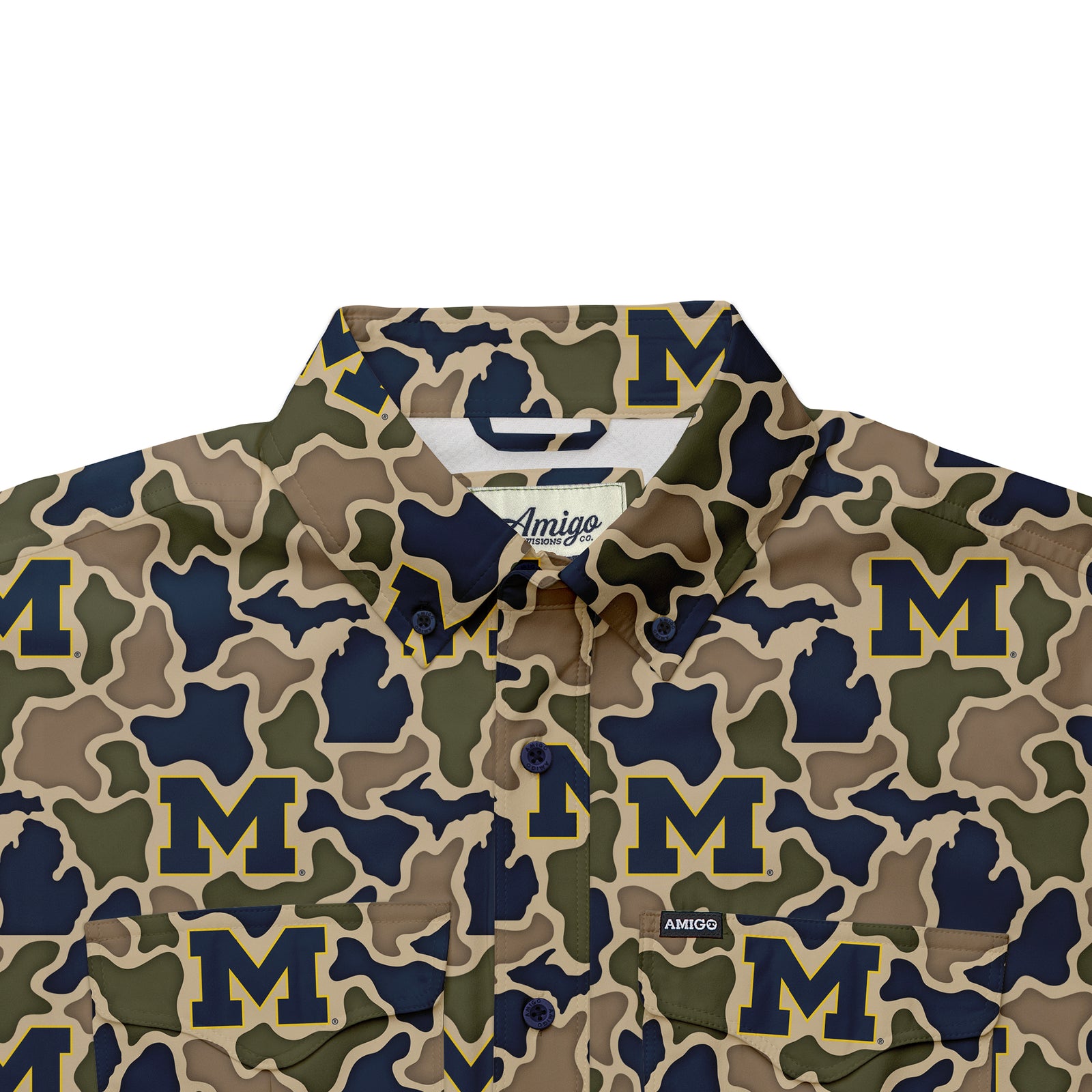 Michigan Wolverines Licensed Camo Primero Short Sleeve Button Up Field and Fish Shirt