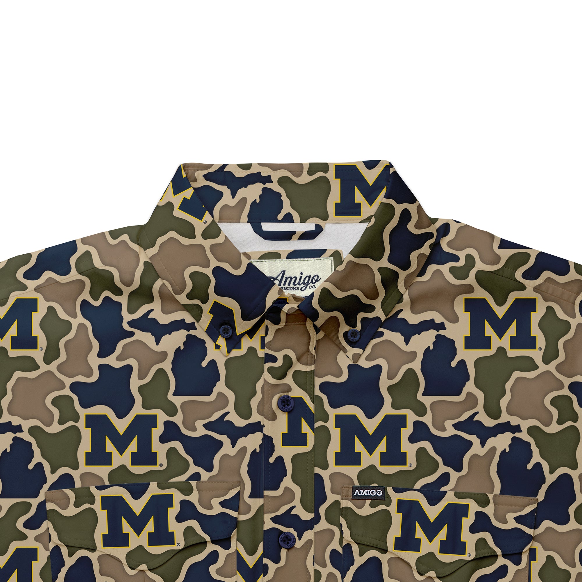 Michigan Wolverines Licensed Camo Primero Short Sleeve Button Up Field and Fish Shirt