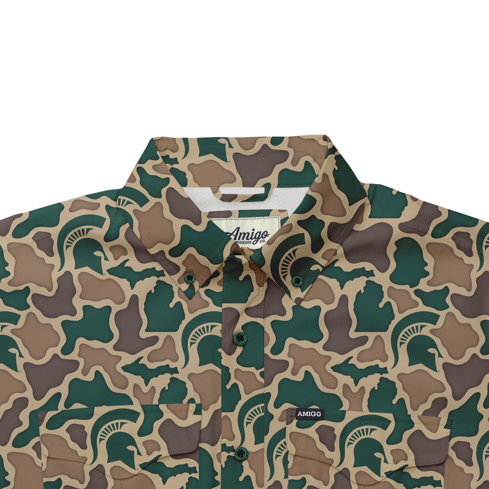 Michigan State Spartans Licensed Camo Primero Short Sleeve Button Up Field and Fish Shirt