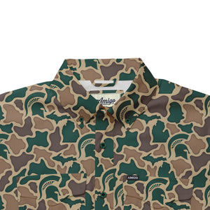 Michigan State Spartans Licensed Camo Primero Short Sleeve Button Up Field and Fish Shirt