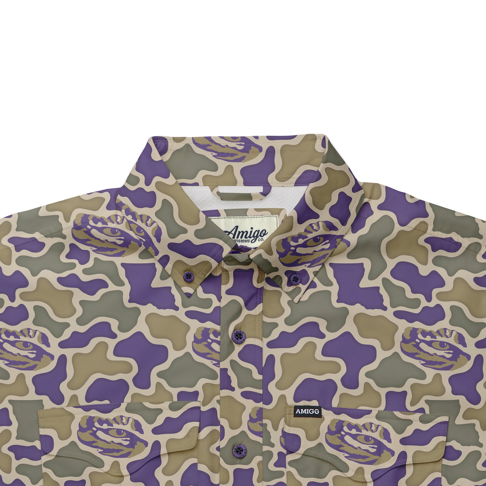 LSU Tigers Licensed Camo Primero Short Sleeve Button Up Field and Fish Shirt