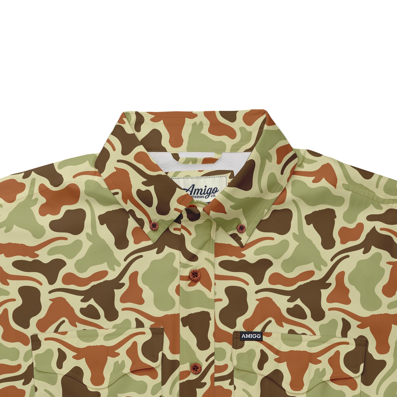 Texas Longhorns Licensed Camo Primero Short Sleeve Button Up Field and Fish Shirt