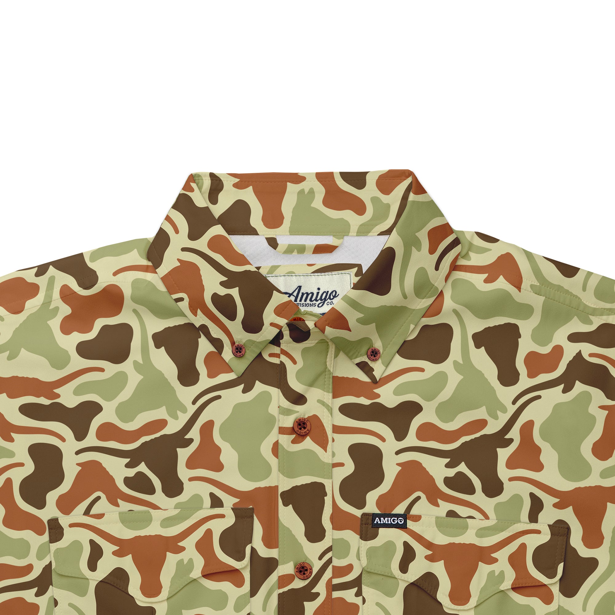 Texas Longhorns Licensed Camo Primero Short Sleeve Button Up Field and Fish Shirt