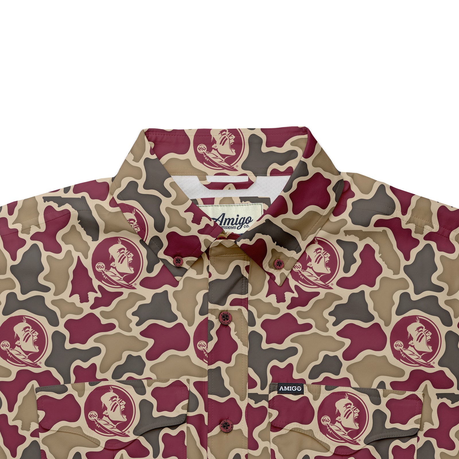 Florida State Seminoles Licensed Camo Primero Short Sleeve Button Up Field and Fish Shirt