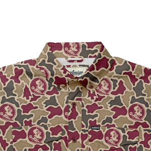 Florida State Seminoles Licensed Camo Primero Short Sleeve Button Up Field and Fish Shirt