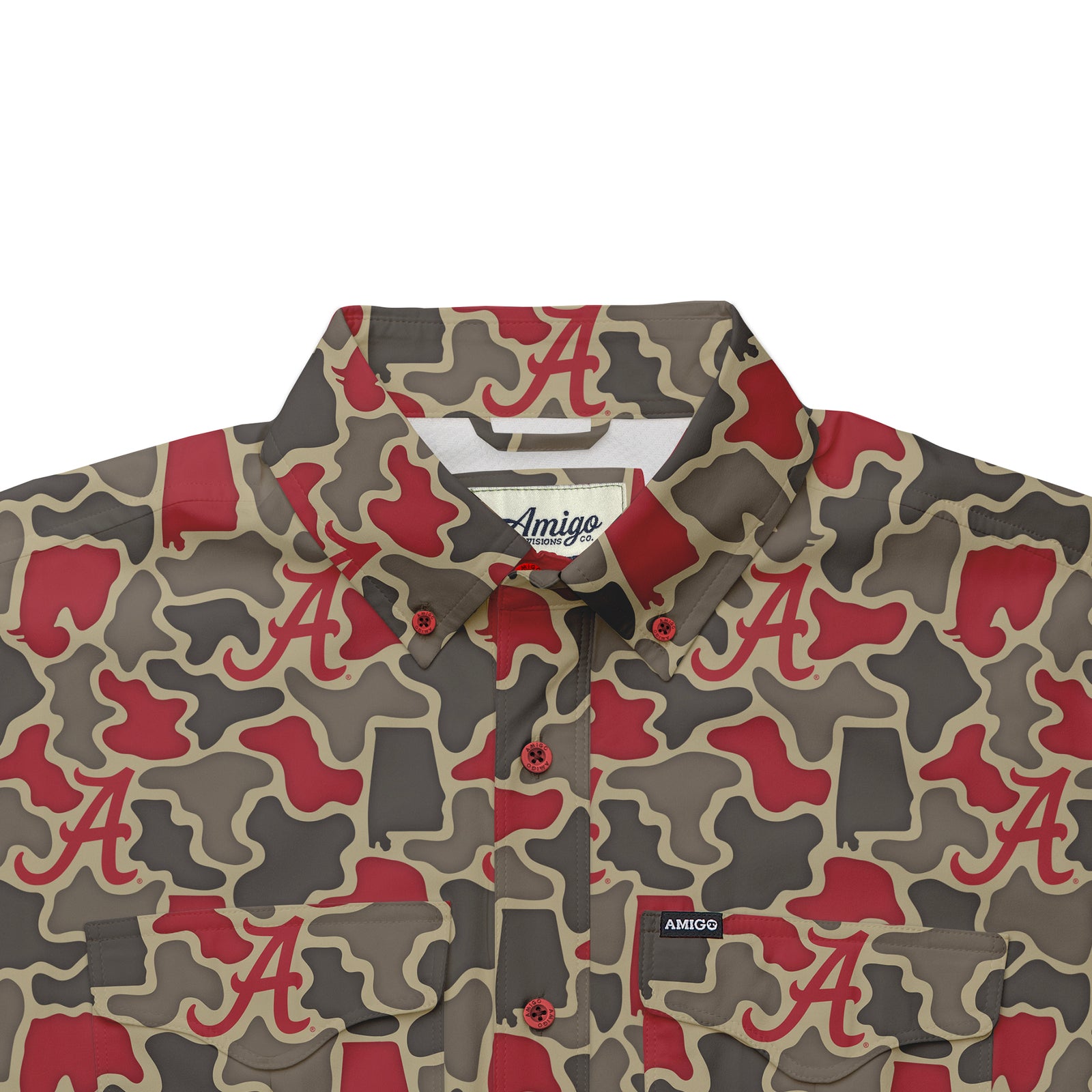 Alabama Crimson Tide Licensed Camo Primero Short Sleeve Button Up Field and Fish Shirt