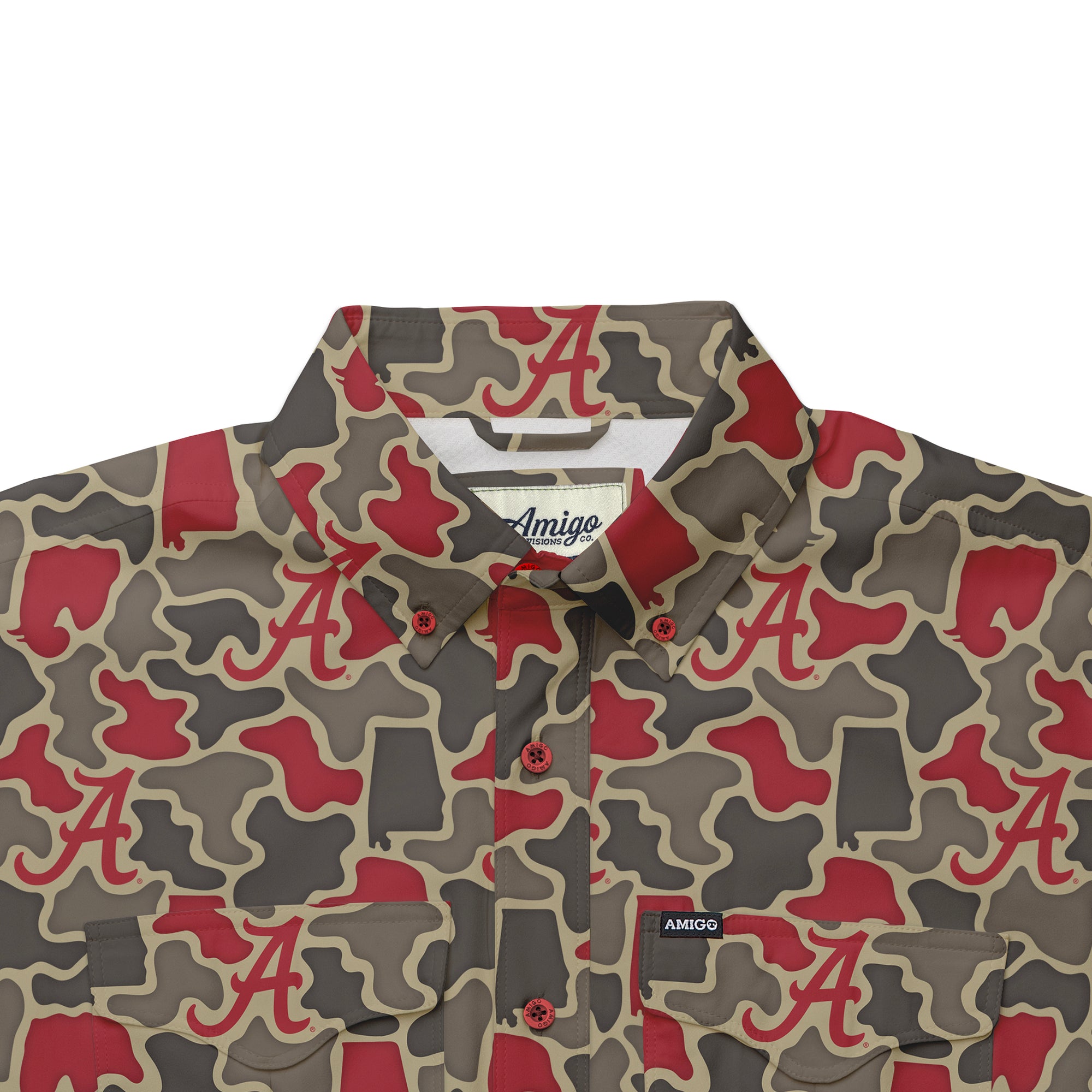 Alabama Crimson Tide Licensed Camo Primero Short Sleeve Button Up Field and Fish Shirt