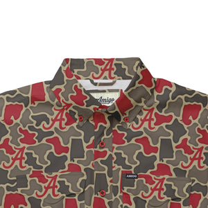 Alabama Crimson Tide Licensed Camo Primero Short Sleeve Button Up Field and Fish Shirt